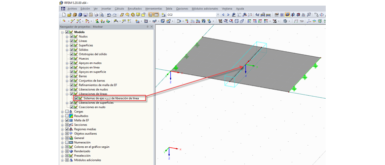 Navegador de proyectos - Mostrar: Visualización de los sistemas de ejes de liberación de línea x, y, z