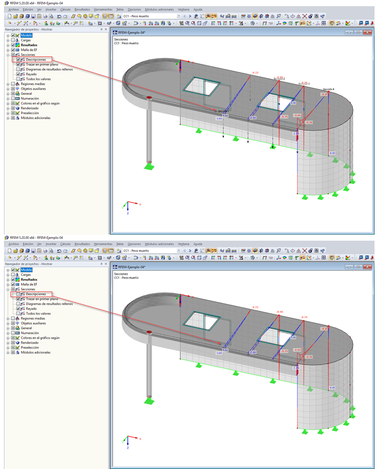 Imagen superior: Visualización de la descripción de todas las secciones, imagen inferior: Ocultar la descripción de todas las secciones