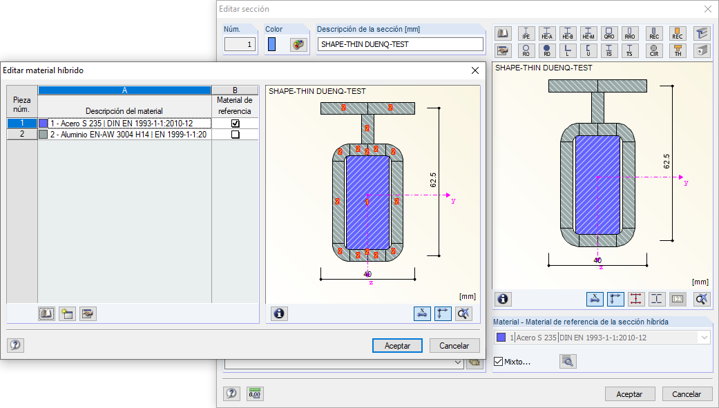 Determinación del material de referencia de la sección híbrida en RSTAB
