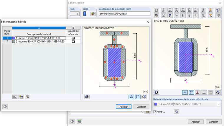 Determinación del material de referencia de la sección híbrida en RSTAB