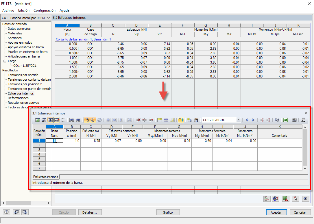 Transferencia manual de esfuerzos internos y momentos de FE-LTB a SHAPE-THIN Tabla 3.1