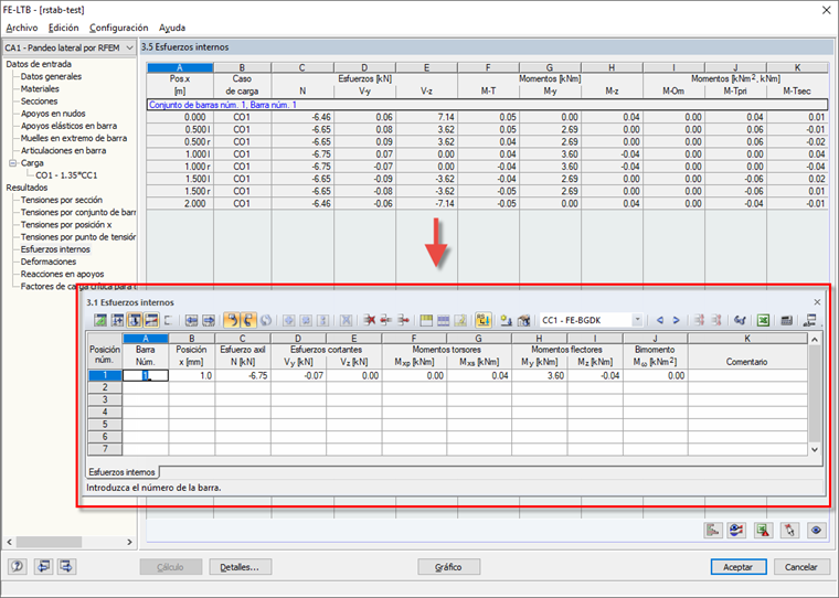 Transferencia manual de esfuerzos internos y momentos de FE-LTB a SHAPE-THIN Tabla 3.1