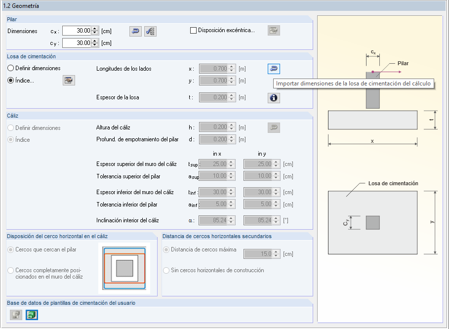Botón para importar dimensiones del cálculo anterior