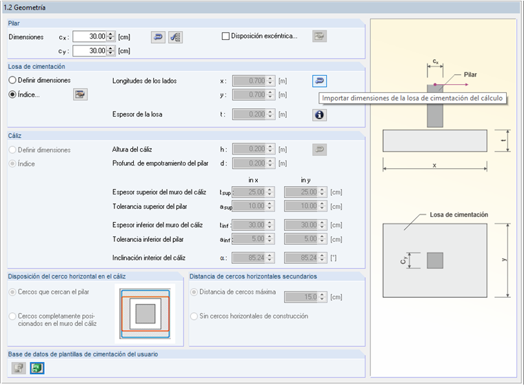 Botón para importar dimensiones del cálculo anterior