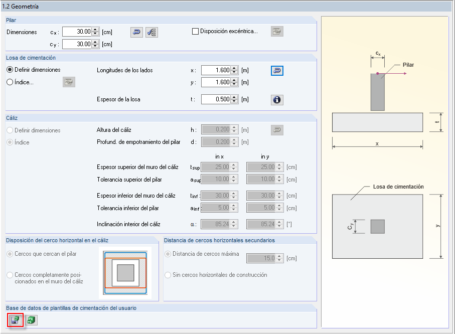 Las dimensiones se especifican y se pueden guardar en la biblioteca