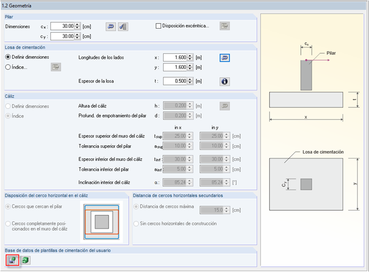 Las dimensiones se especifican y se pueden guardar en la biblioteca