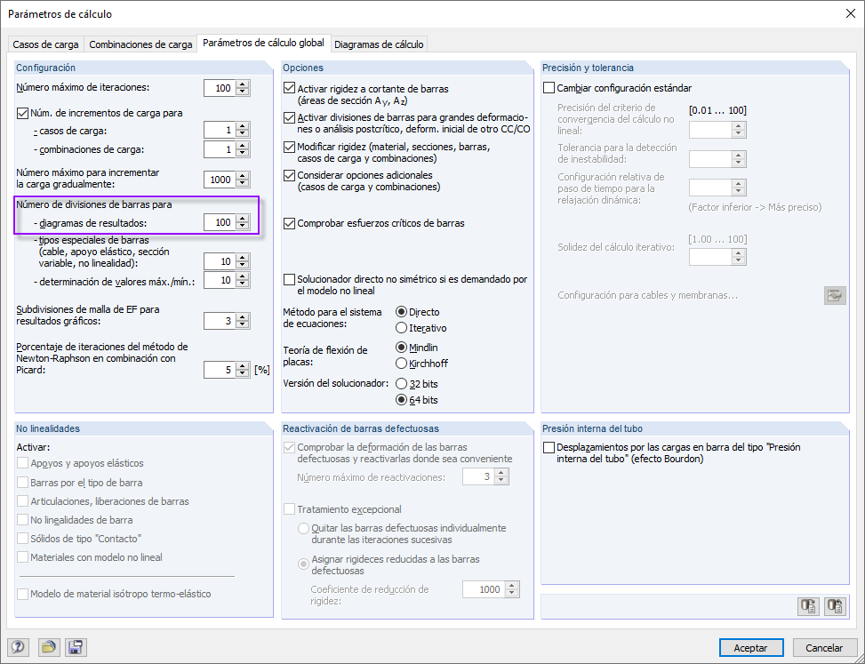 Configuración para divisiones de barras