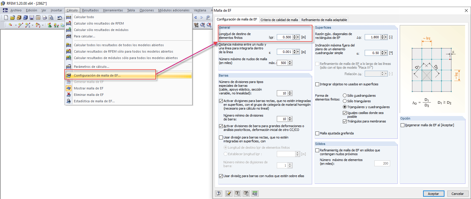 Configuración de malla de elementos finitos (EF) en RF-GLASS