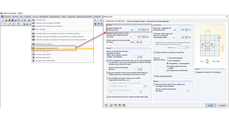 Configuración de malla de elementos finitos (EF) en RF-GLASS