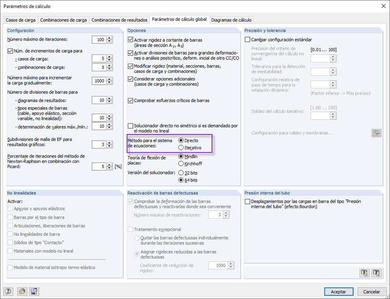 Configuración del solucionador directo en RFEM 5