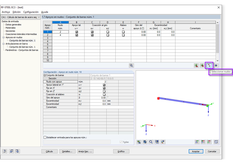 Selección de varios nudos para los apoyos en nudos