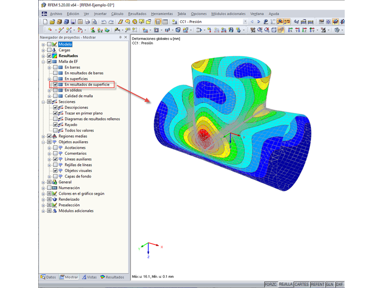Resultados de la malla de EF en la superficie