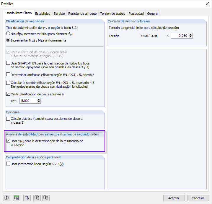 Uso de Gamma M1 para determinar la resistencia de la sección