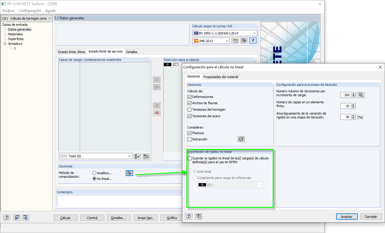 Opción para exportar rigidez