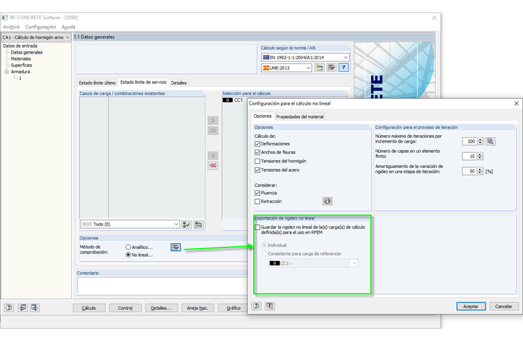 Opción para exportar rigidez