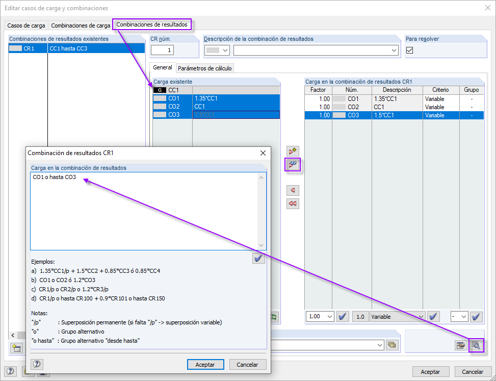 Configuración predeterminada de los parámetros de cálculo para la combinación de carga