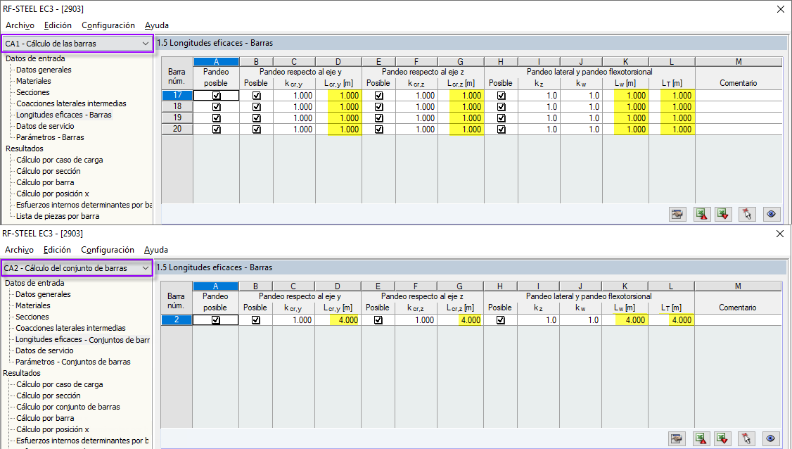 Longitudes eficaces - Barras y conjuntos de barras