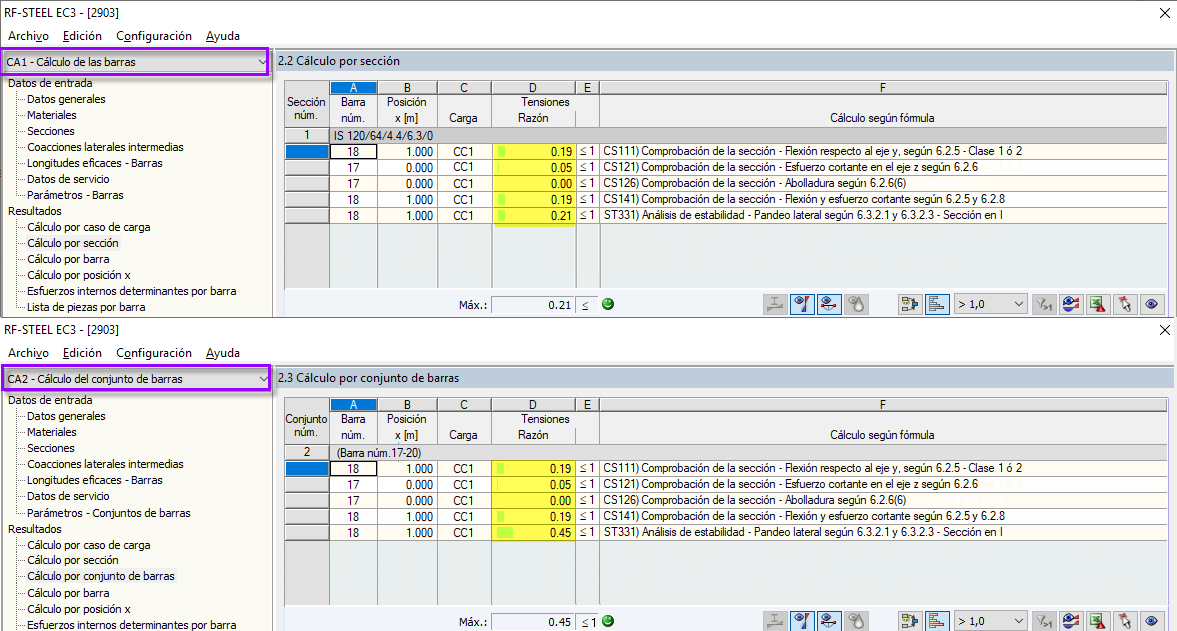 Resultados de cálculo - Barras y conjuntos de barras
