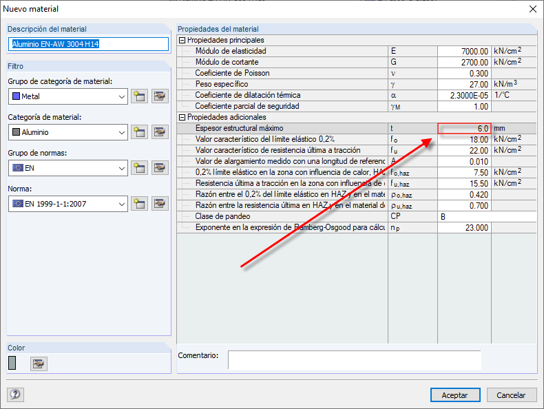 Modificar el espesor máximo del componente del material