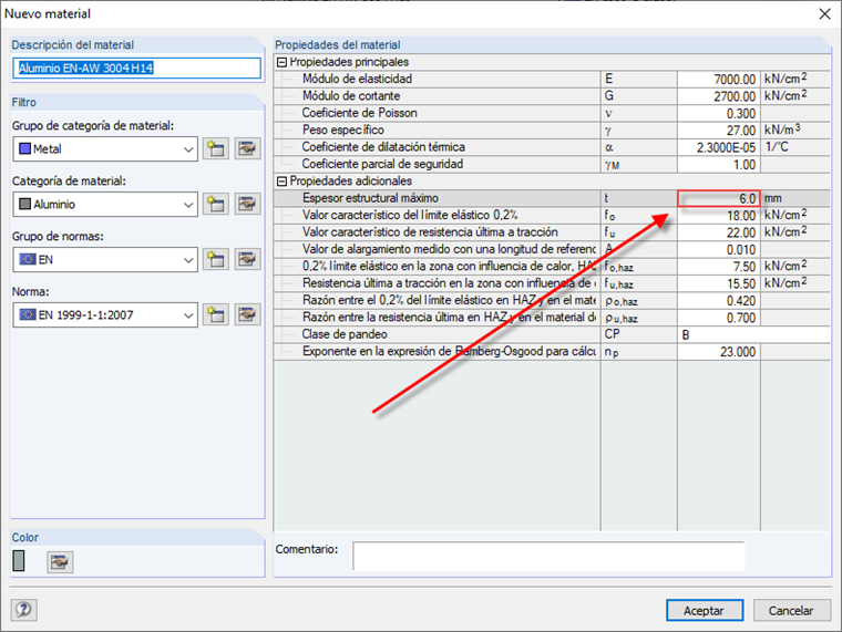 Modificar el espesor máximo del componente del material