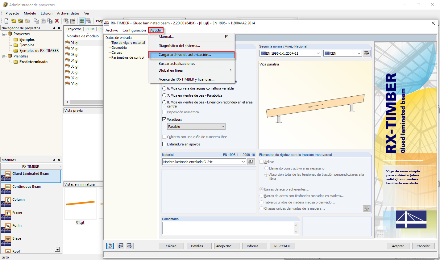 Cargar el archivo de autorización en RX-TIMBER