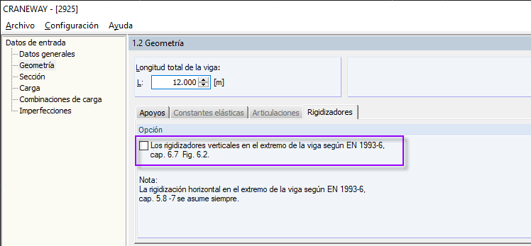 Deaktivieren der Option "Vertikale Steifen am Ende des Trägers"