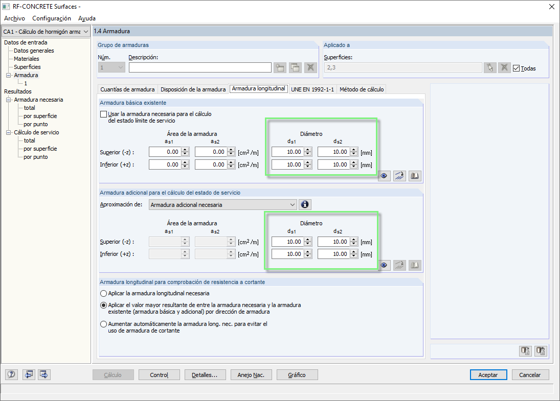 Diámetros de barras de armadura definidos para armadura longitudinal