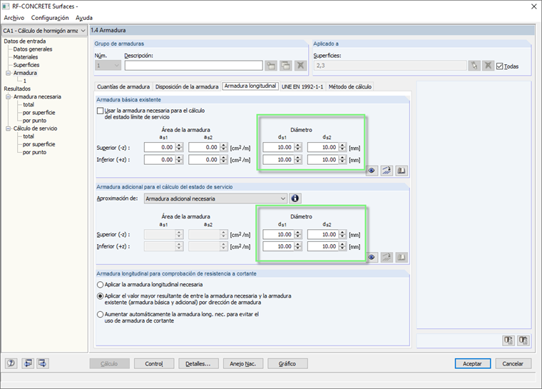 Diámetros de barras de armadura definidos para armadura longitudinal