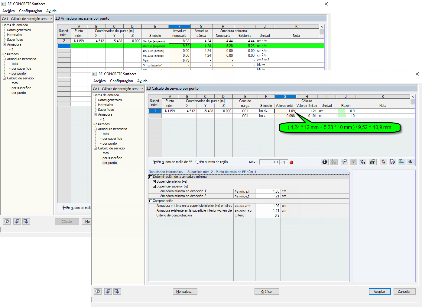 Valor existente determinado para el diámetro de la barra de acero