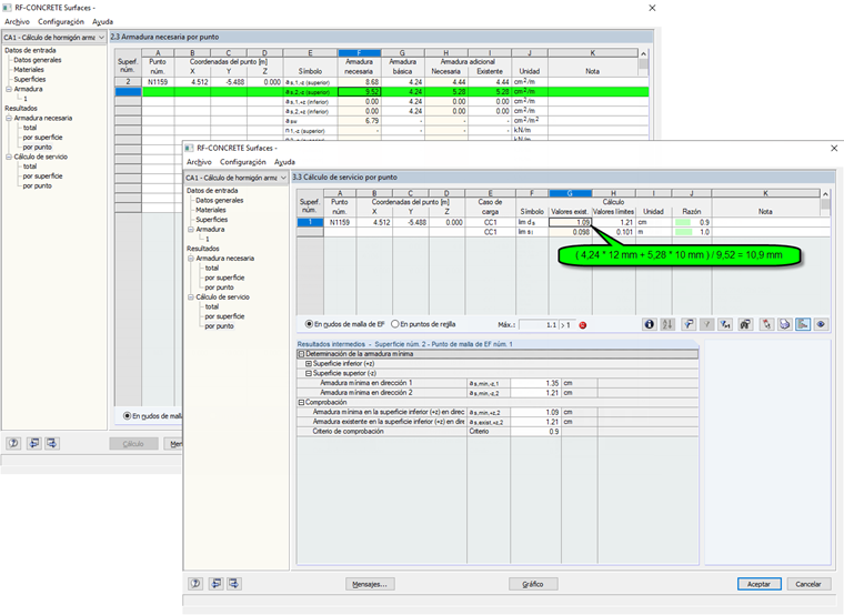 Valor existente determinado para el diámetro de la barra de acero