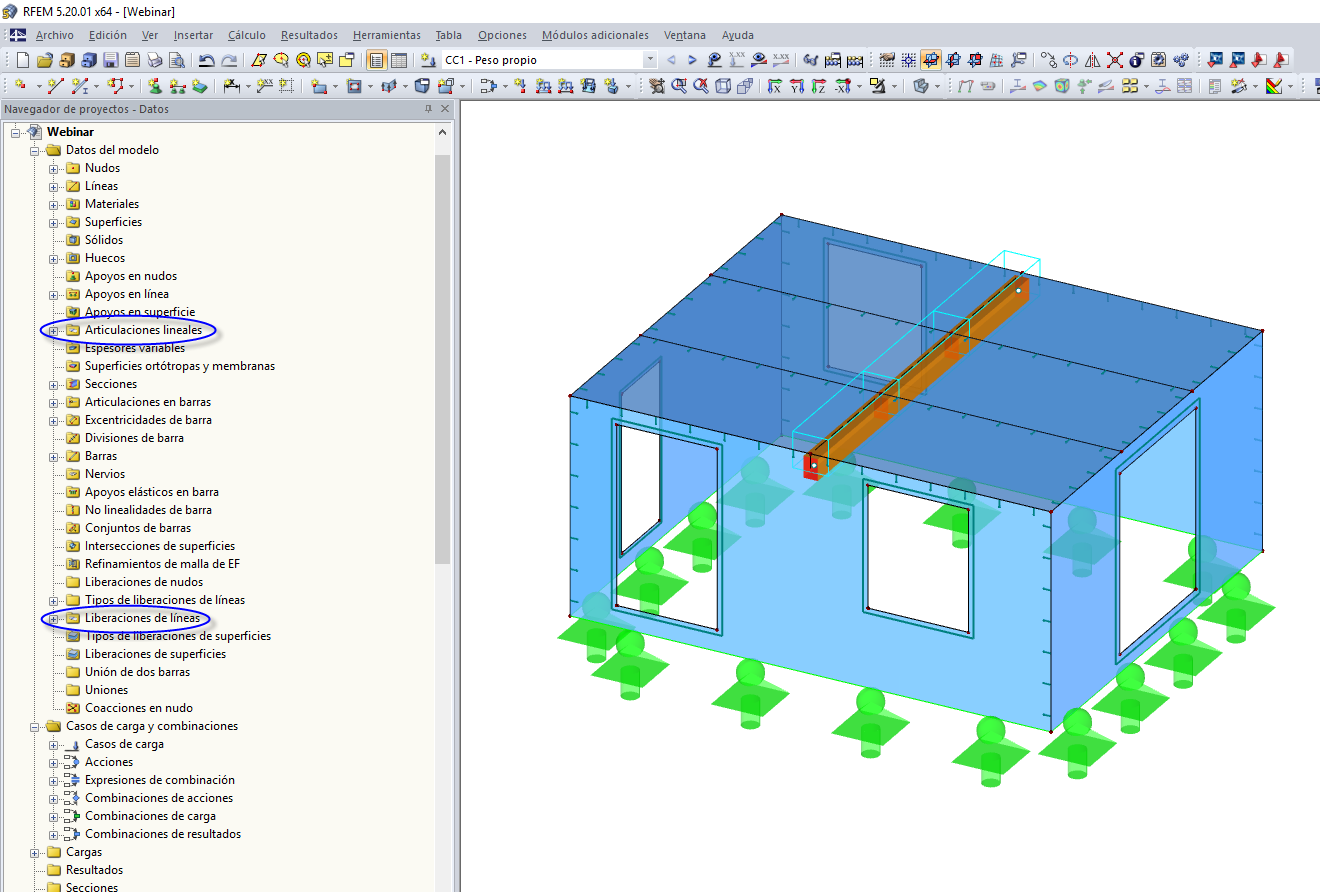 Visualización de articulaciones de línea y liberaciones de línea