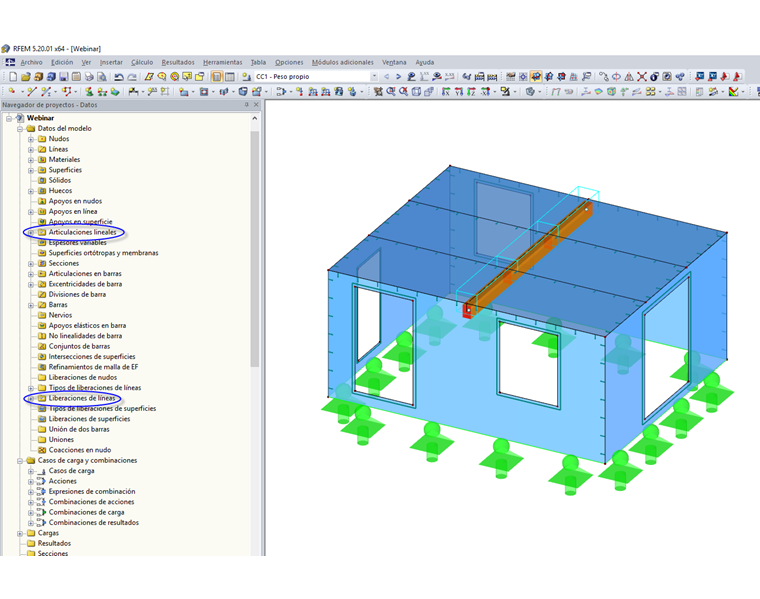 Visualización de articulaciones de línea y liberaciones de línea
