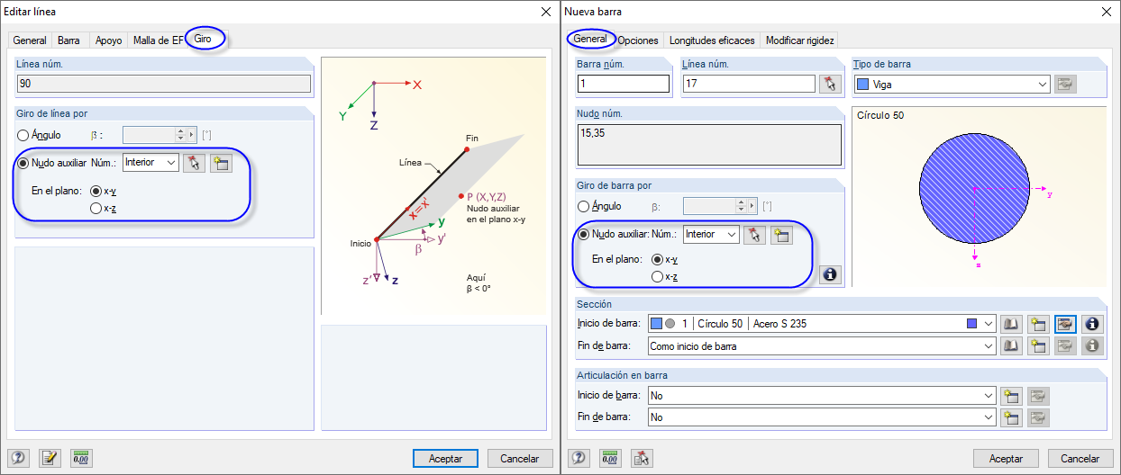 Giro de línea (izquierda) y giro de barra (derecha)