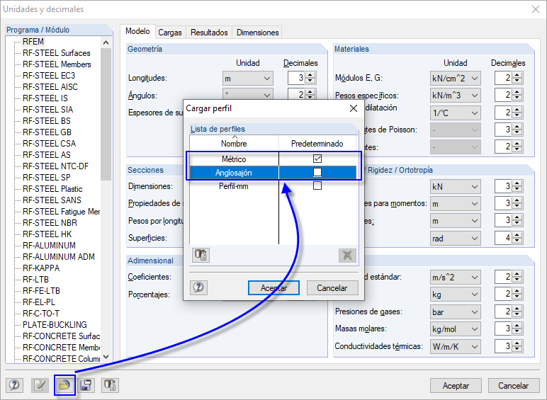 Sistema de unidades imperiales activo, sistema métrico por defecto