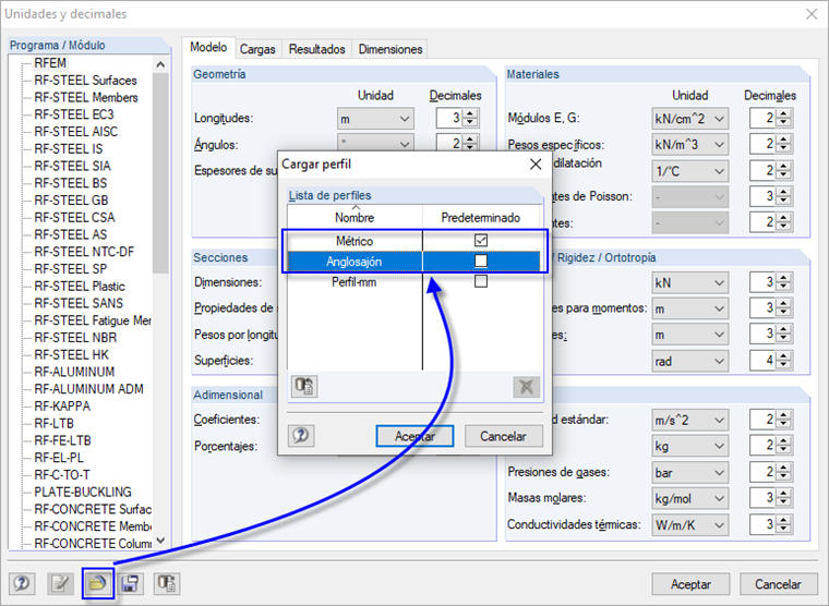 Sistema de unidades imperiales activo, sistema métrico por defecto