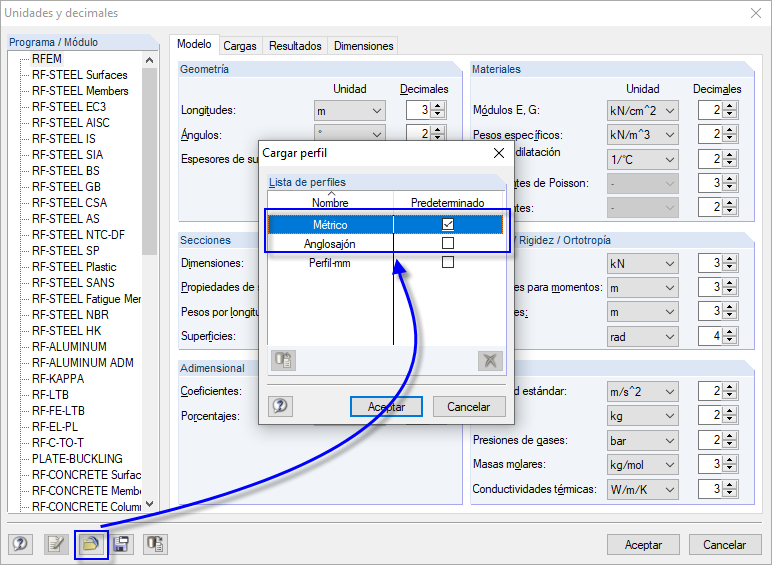 Activación del sistema métrico de unidades por defecto