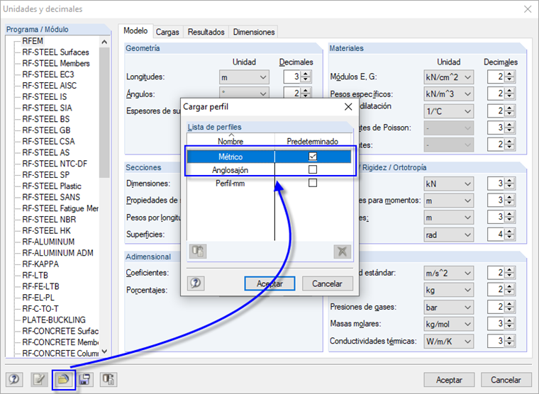 Activación del sistema métrico de unidades por defecto