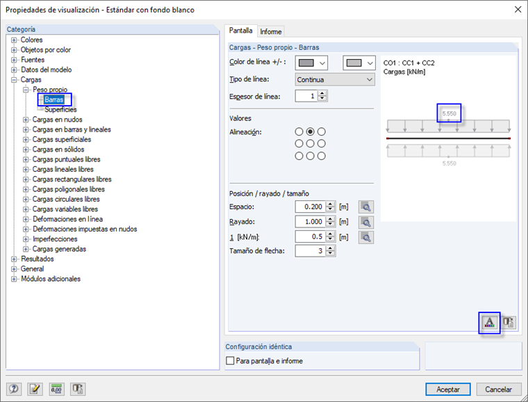Propiedades de visualización - Configuración del tamaño de fuente (por ejemplo, para la carga)