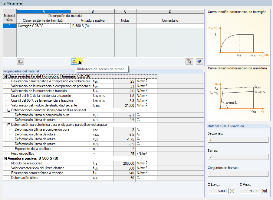 Abrir biblioteca con acero de armadura en la ventana "1.2 Materiales"