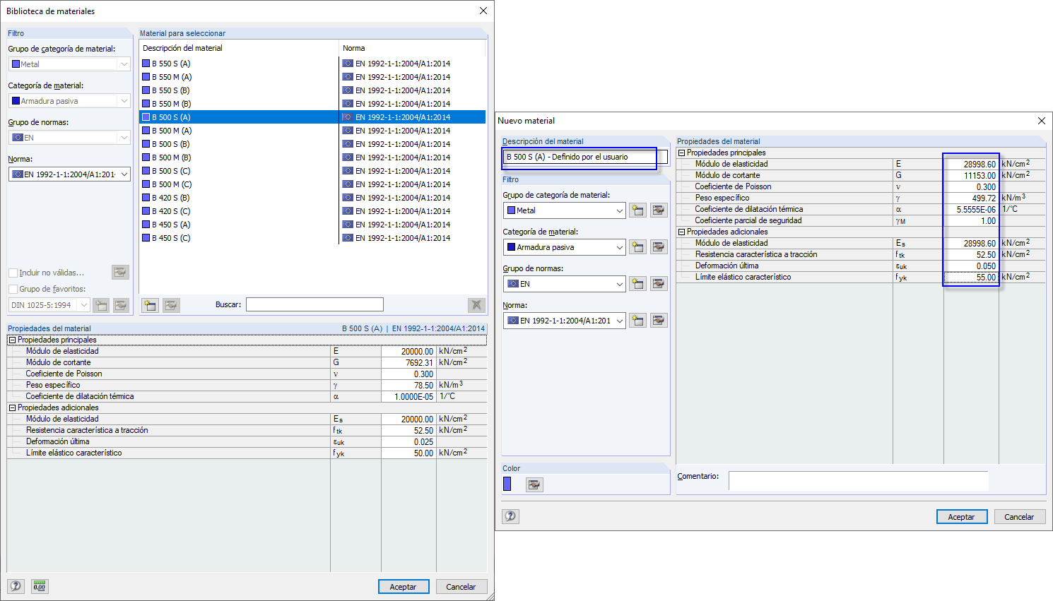 Creación de un nuevo material "definido por el usuario" (acero para armaduras)