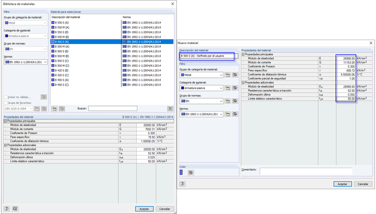Creación de un nuevo material "definido por el usuario" (acero para armaduras)