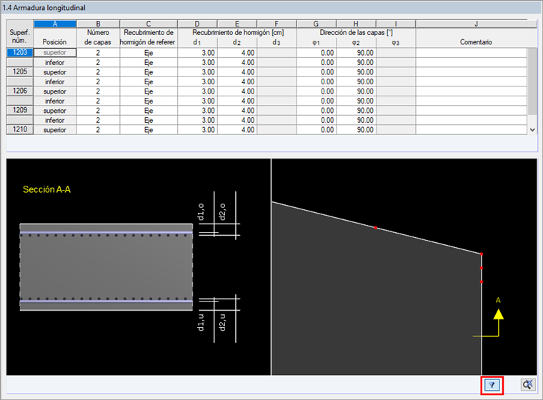 Botón para activar el filtro en "1.4 Armadura longitudinal"