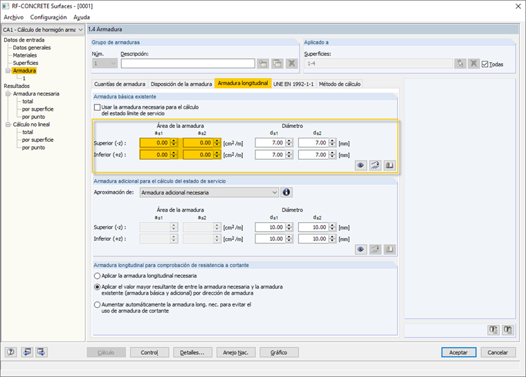 Opción para definir la armadura básica