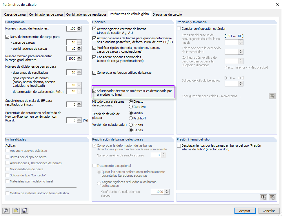 Solver de ecuaciones directo asimétrico en RFEM 5