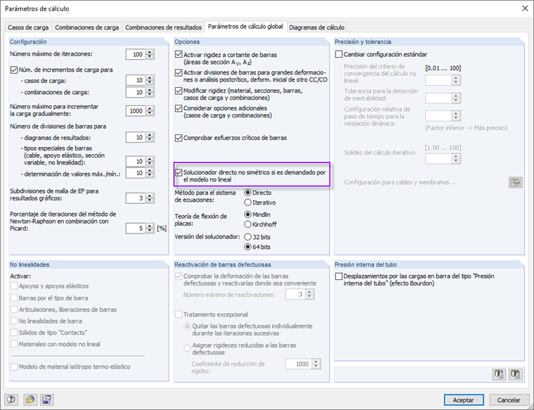 Solver de ecuaciones directo asimétrico en RFEM 5