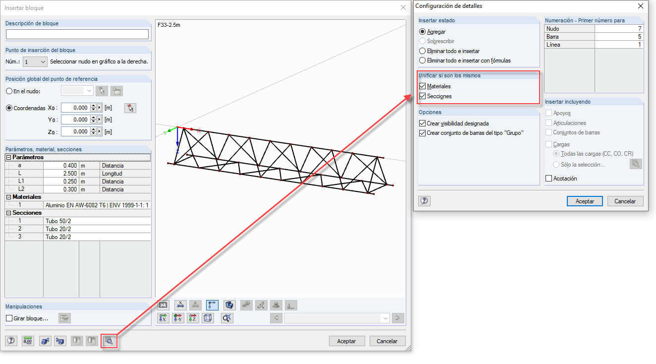 Configuración detallada para insertar bloque