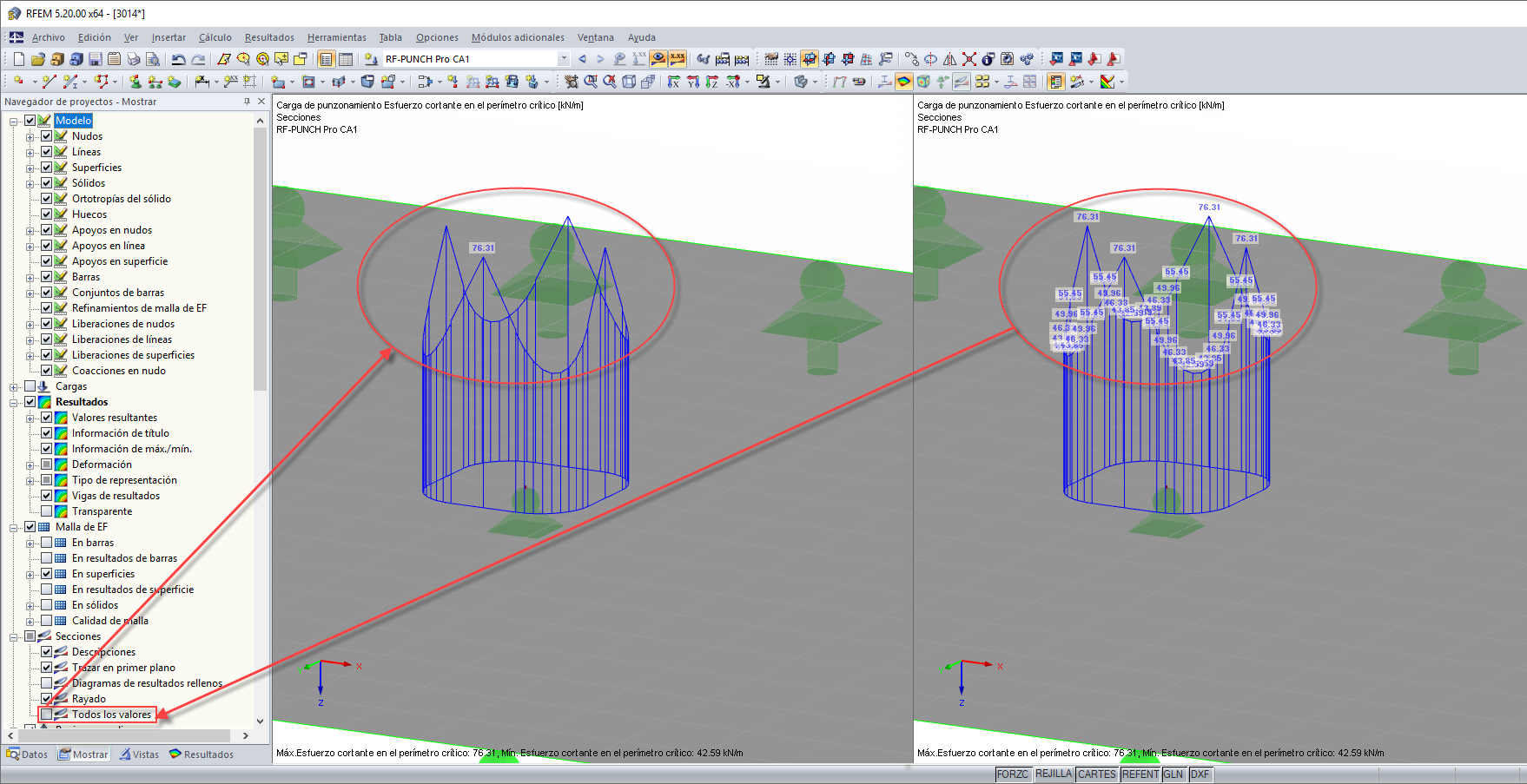 Valores resultantes del esfuerzo cortante en el perímetro crítico