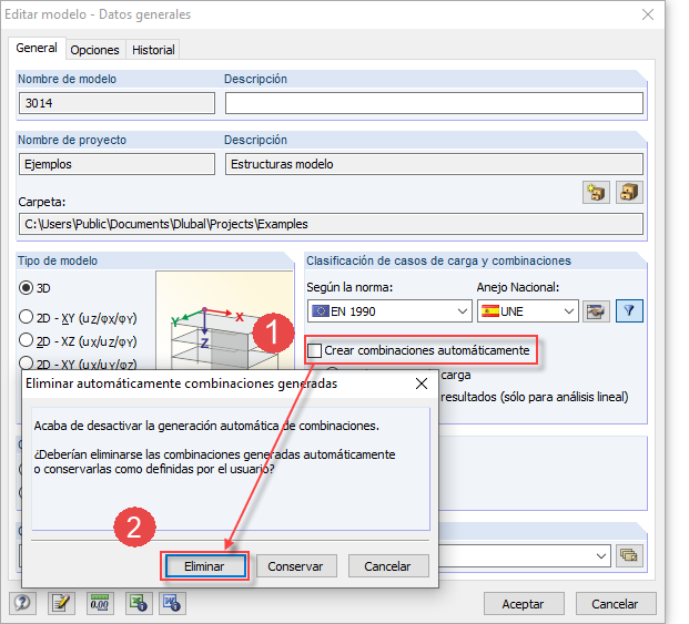 Edición de datos generales del modelo: Desactive la casilla de verificación "Crear combinaciones automáticamente" (1) y elimínela (2)