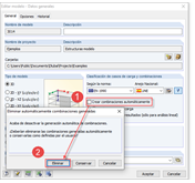 Edición de datos generales del modelo: Desactive la casilla de verificación "Crear combinaciones automáticamente" (1) y elimínela (2)