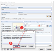 Edición de datos generales del modelo: Desactive la casilla de verificación "Crear combinaciones automáticamente" (1) y elimínela (2)